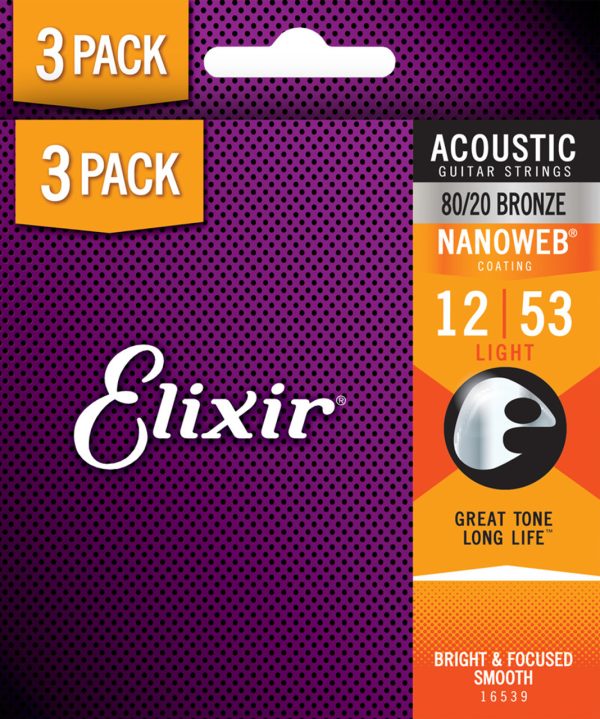 Pack 3 Set Cuerdas Elixir Guitarra Acustica 12-53 NANOWEB 16539