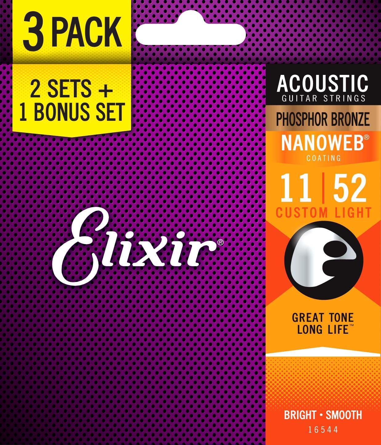 Pack 3 Set Cuerdas Elixir Guitarra Acústica 11-52 Phosphor Bronze